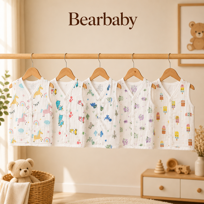 Premium Bearbaby Sleeveless Organic Muslin Cotton Baby Jhabla Set featuring Floral, Heart, Cloud and Cartoon Prints