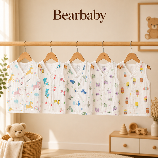 Premium Bearbaby Sleeveless Organic Muslin Cotton Baby Jhabla Set featuring Floral, Heart, Cloud and Cartoon Prints