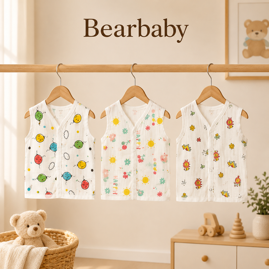 Bearbaby Soft Breathable Muslin Cotton Sleeveless Baby Vests displayed on Wooden Hangers with Cute Assorted Prints