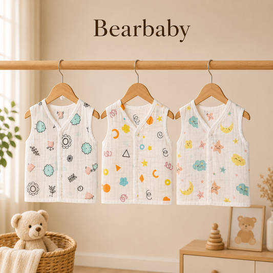 Bearbaby Organic Muslin Cotton Sleeveless Baby Jhabla Collection with Floral, Geometric and Moon Cloud Prints for Newborn Babies