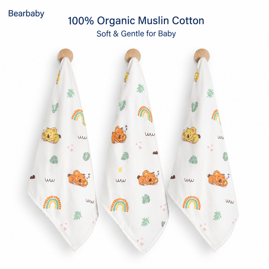 Bearbaby 100% Organic Muslin Cotton Baby Washcloth Set of 3 with Teddy Bear and Rainbow Prints for Newborn Babies