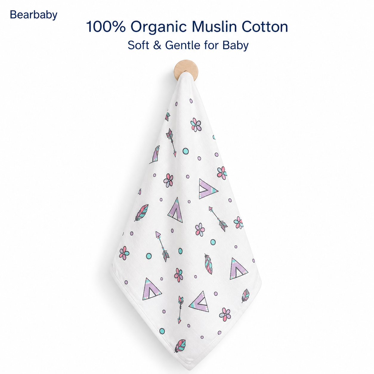 Bearbaby 100% Organic Muslin Cotton Baby Washcloth with Teepee and Feather Print, Soft & Gentle for Newborns
