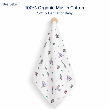 Bearbaby 100% Organic Muslin Cotton Baby Washcloth with Teepee and Feather Print, Soft & Gentle for Newborns