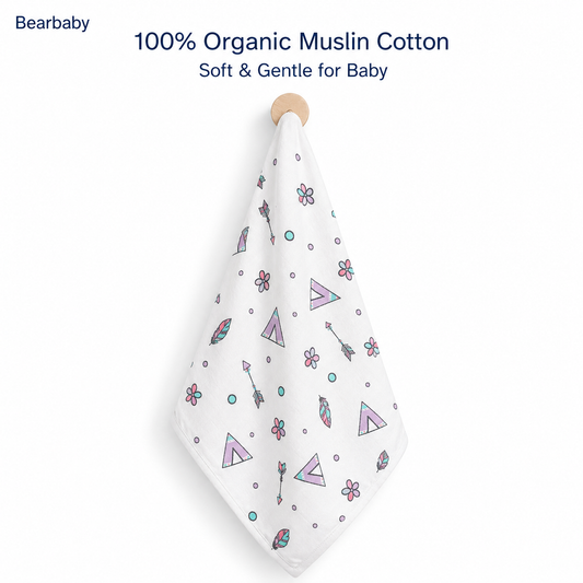 Bearbaby 100% Organic Muslin Cotton Baby Washcloth with Teepee and Feather Print, Soft & Gentle for Newborns