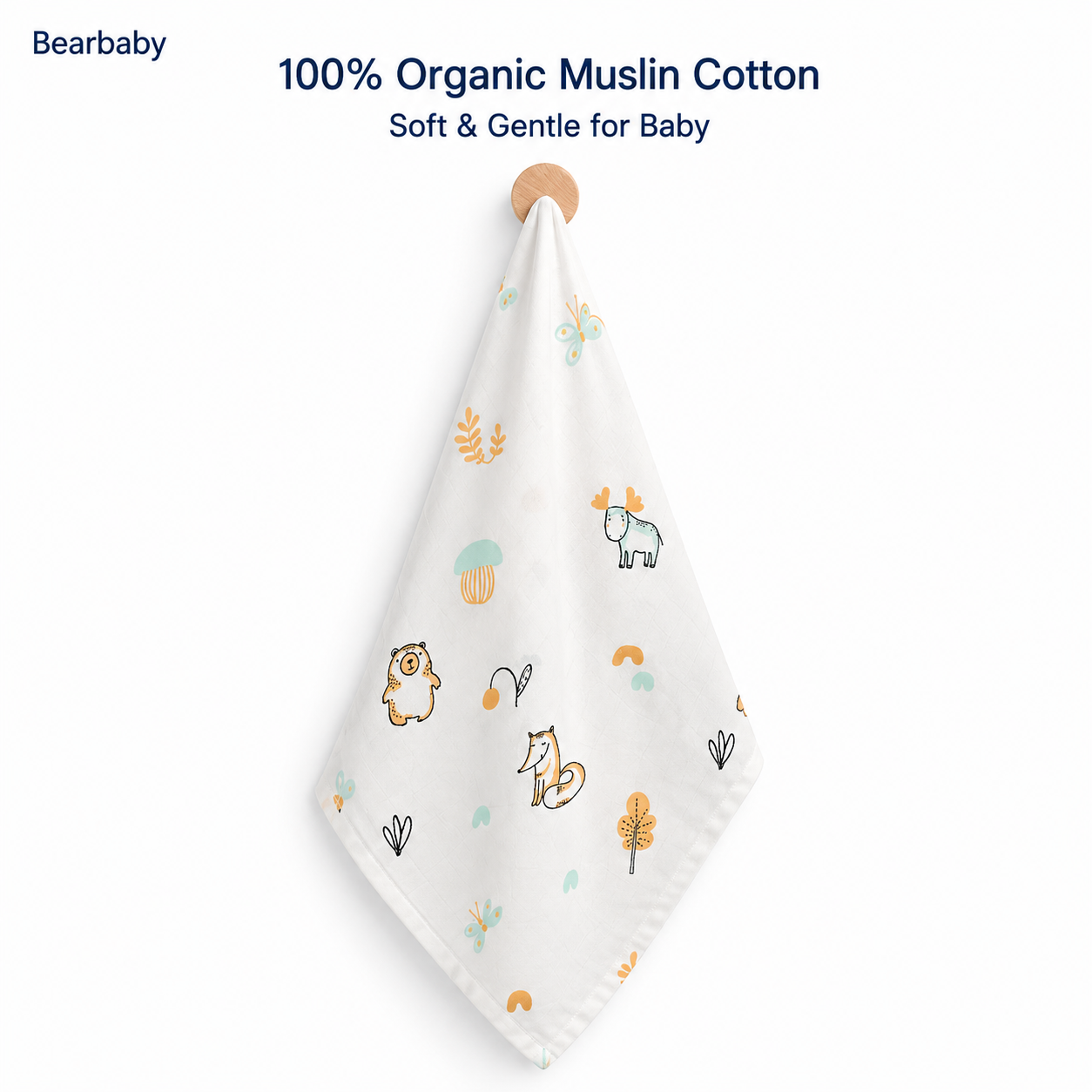 Bearbaby 100% Organic Muslin Cotton Baby Washcloth with Woodland Animal Print for Newborn Babies