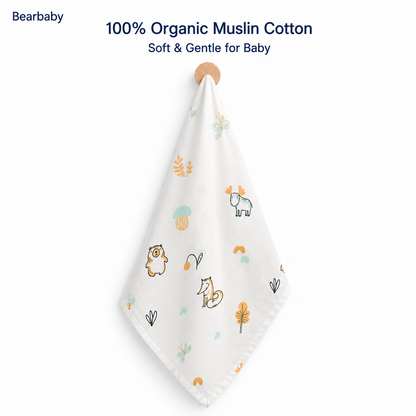 Bearbaby 100% Organic Muslin Cotton Baby Washcloth with Woodland Animal Print for Newborn Babies