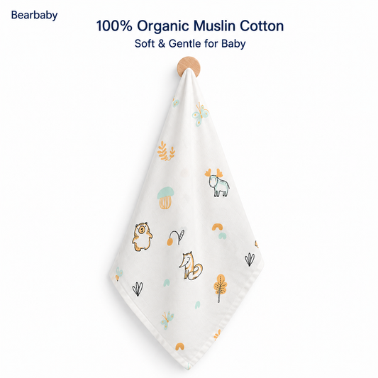 Bearbaby 100% Organic Muslin Cotton Baby Washcloth with Woodland Animal Print for Newborn Babies