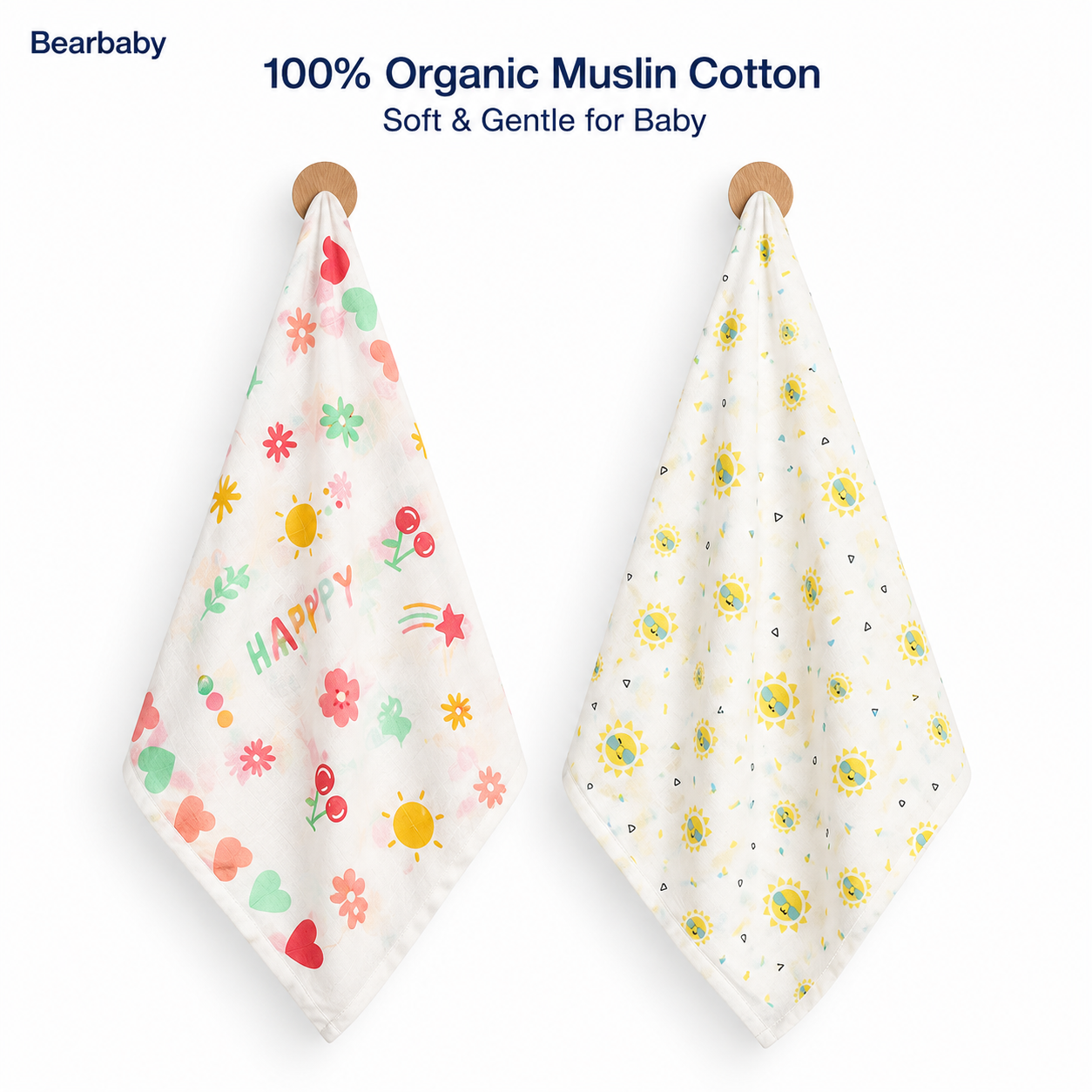 Bearbaby 100% Organic Muslin Cotton Baby Washcloth Set of 2 with Happy Floral and Sunshine Prints for Newborns