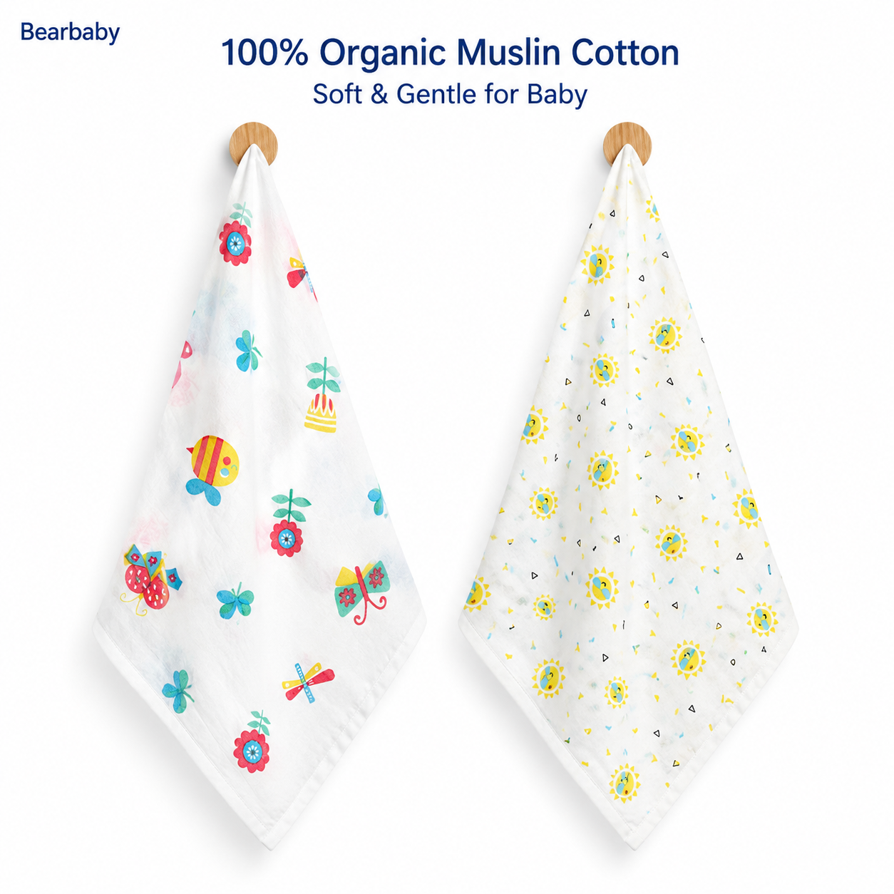 Soft Organic Muslin Cotton Baby Washcloth Combo with Butterfly Floral and Sunshine Prints by Bearbaby