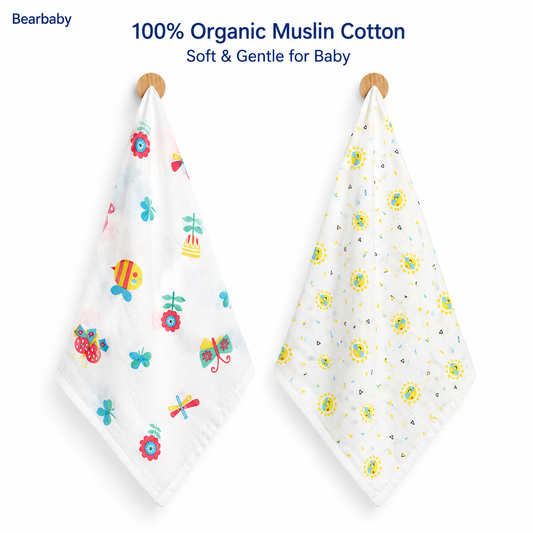 Soft Organic Muslin Cotton Baby Washcloth Combo with Butterfly Floral and Sunshine Prints by Bearbaby