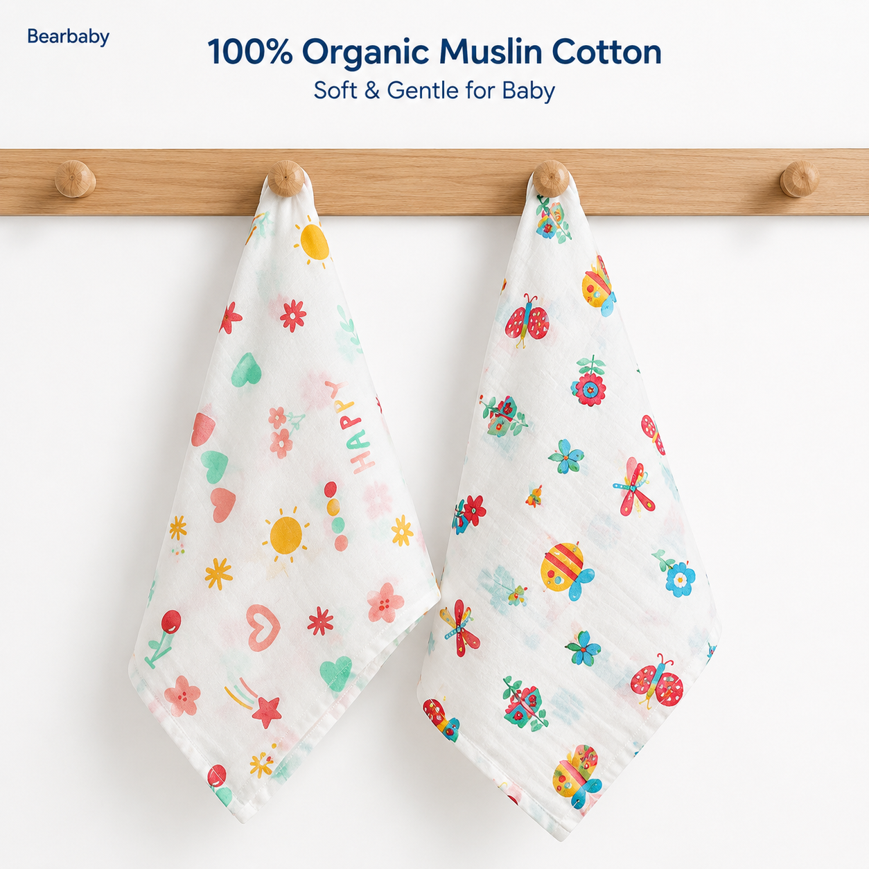 Bearbaby Organic Muslin Cotton Baby Washcloth Set for Newborns, Soft Lightweight Baby Care Essentials
