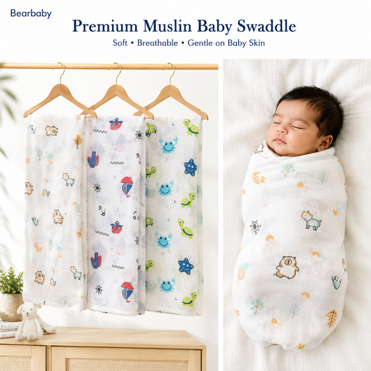 Bearbaby Premium Muslin Baby Swaddle Set with Three Soft Breathable Cotton Swaddle Blankets and Sleeping Newborn Baby