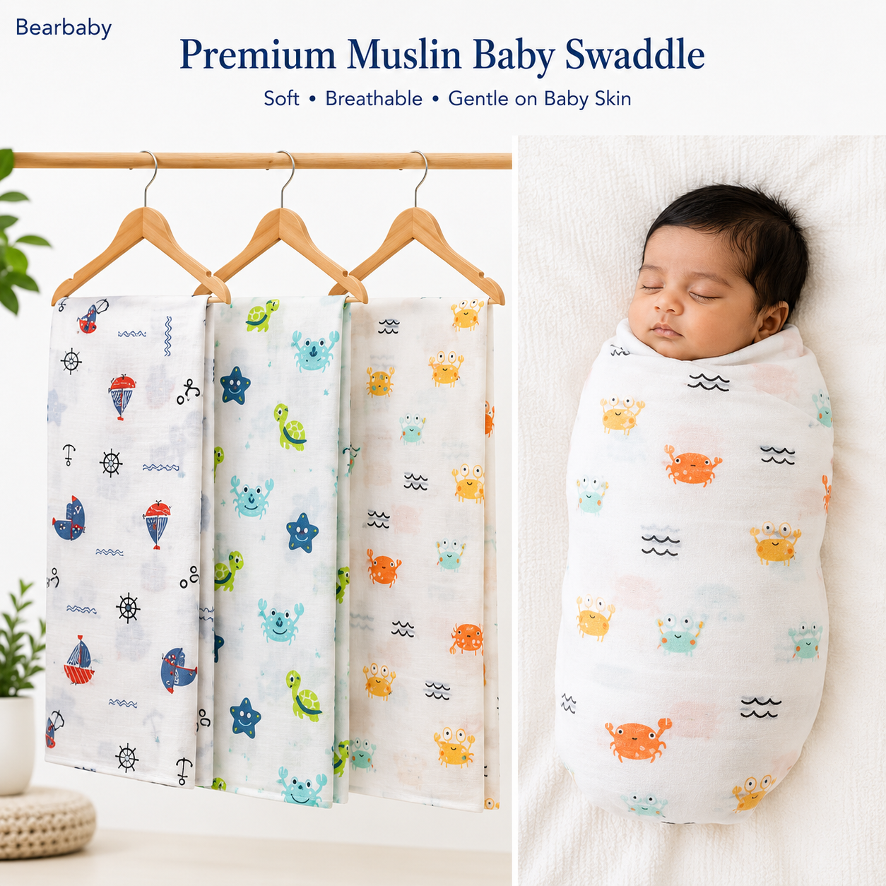 Premium Organic Muslin Baby Swaddle Collection Featuring Cute Animal, Ocean and Turtle Print Receiving Blankets