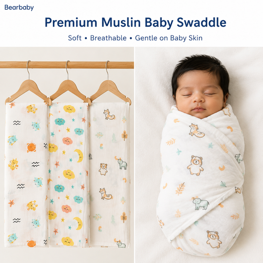 Bearbaby Premium Muslin Baby Swaddle Set with Soft Breathable Organic Cotton Swaddles and Sleeping Newborn Baby