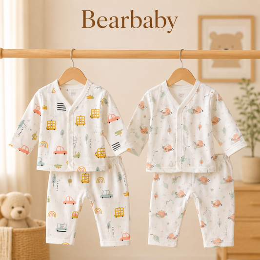 Bearbaby Organic Muslin Cotton Baby Night Suit Combo with Vehicle and Space Print Full Sleeve Sets