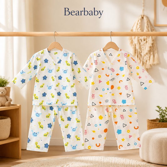 Bearbaby Premium Muslin Cotton Full Sleeve Baby Night Suit Combo with Matching Bottoms for Newborn Babies