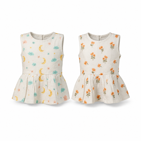Soft baby muslin sleeveless frock combo pack 2 for 6M-12M babies with assorted balloon prints