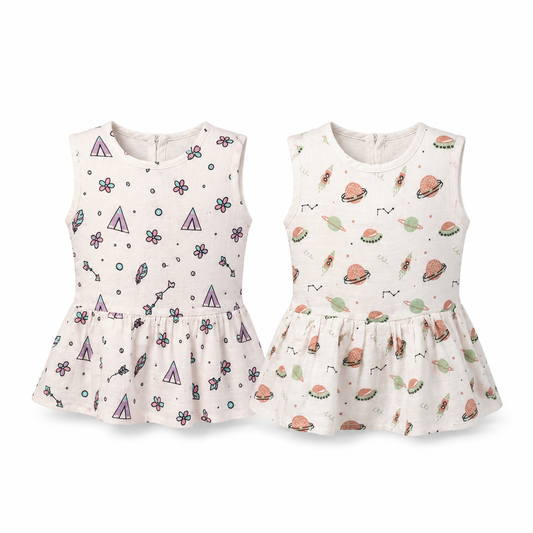 Breathable baby summer frock combo pack 2 for 6M-12M babies with assorted pastel balloon prints
