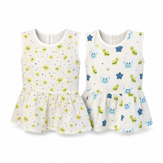 Soft muslin baby dress combo pack 2 for 6M-12M toddlers with assorted cute prints