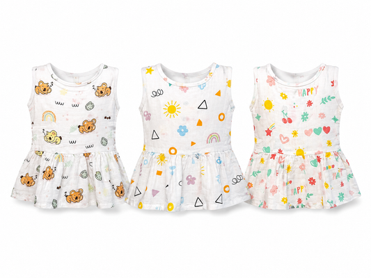 Cotton baby frock combo pack of 3 for 3M-6M babies with cloud and balloon assorted prints