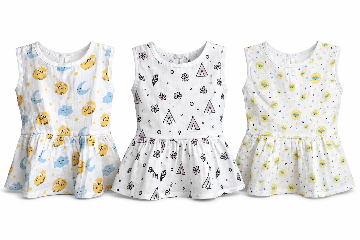 Soft muslin baby frock combo pack of 3 for 3M-6M babies with assorted balloon prints