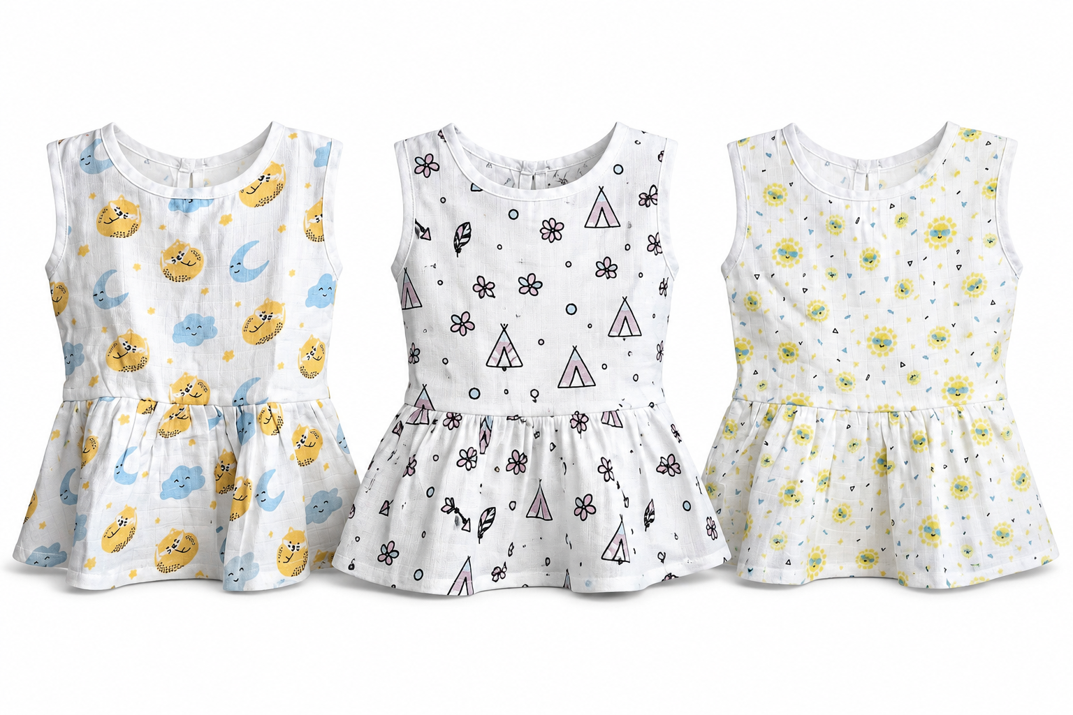 Soft muslin baby frock combo pack of 3 for 3M-6M babies with assorted balloon prints