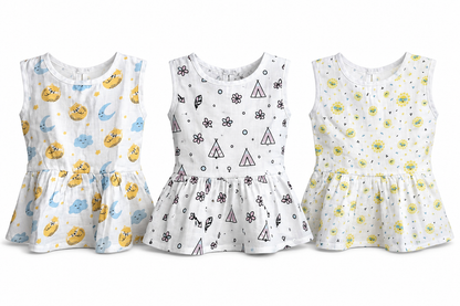 Soft muslin baby frock combo pack of 3 for 3M-6M babies with assorted balloon prints