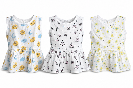 Soft muslin baby frock combo pack of 3 for 3M-6M babies with assorted balloon prints