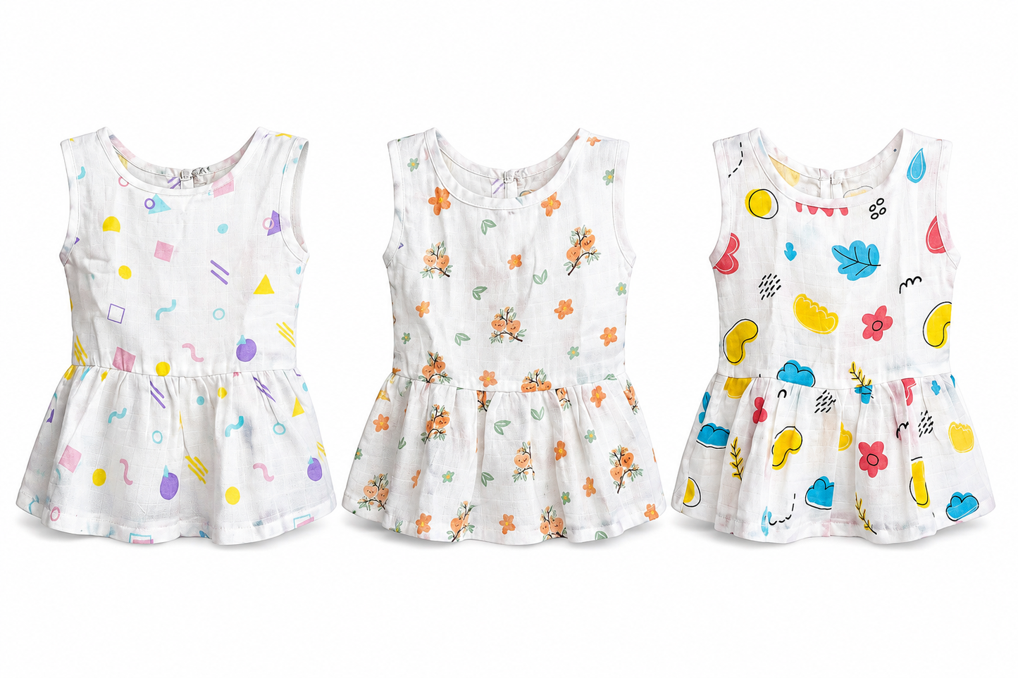 Soft muslin baby frock combo pack of 3 for 3M-6M babies with assorted cute prints