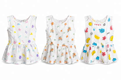 Soft muslin baby frock combo pack of 3 for 3M-6M babies with assorted cute prints