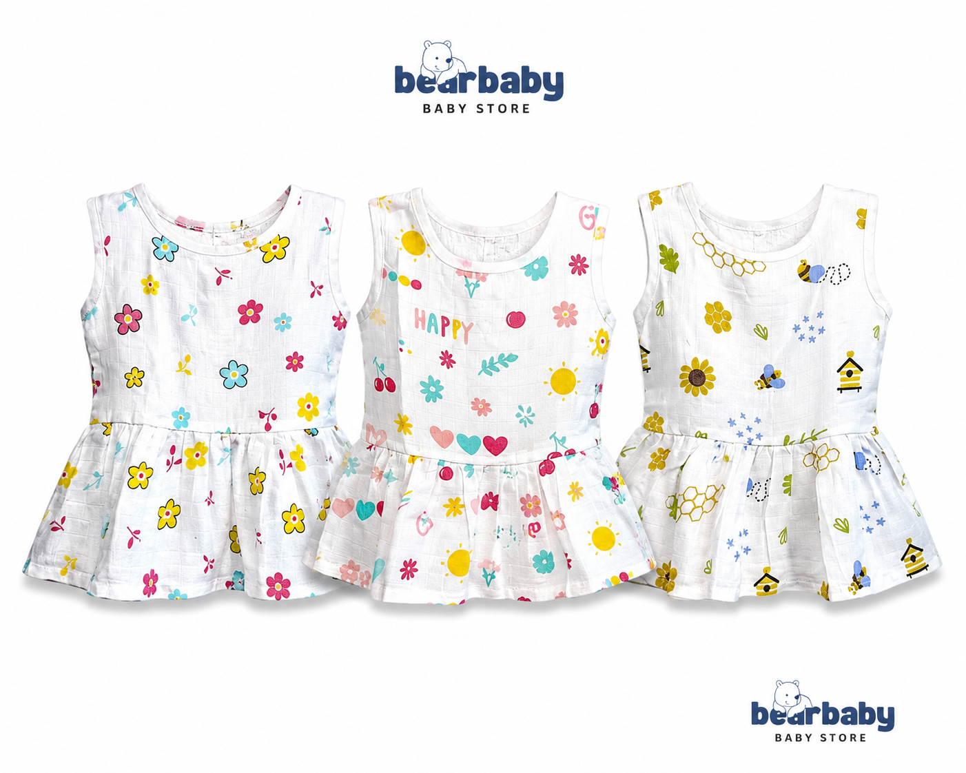 Premium baby dress combo pack of 3 for 3M-6M babies with assorted playful prints