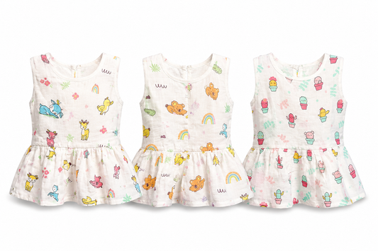 Soft muslin baby frock combo pack of 3 for 6M-12M babies with assorted balloon prints