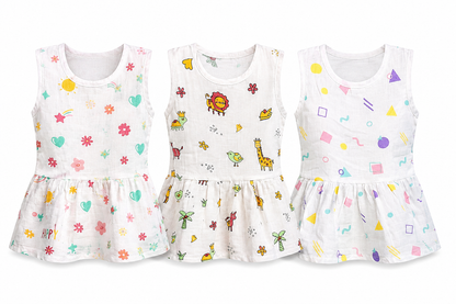 Cotton baby dress combo pack of 3 for 6M-12M babies with assorted cloud balloon prints