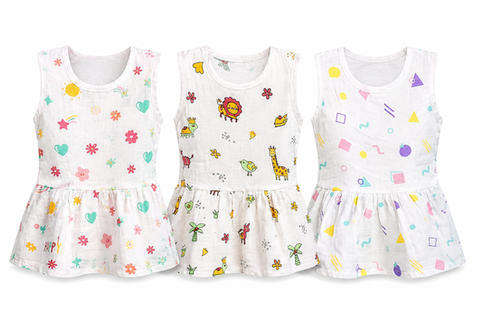 Cotton baby dress combo pack of 3 for 6M-12M babies with assorted cloud balloon prints