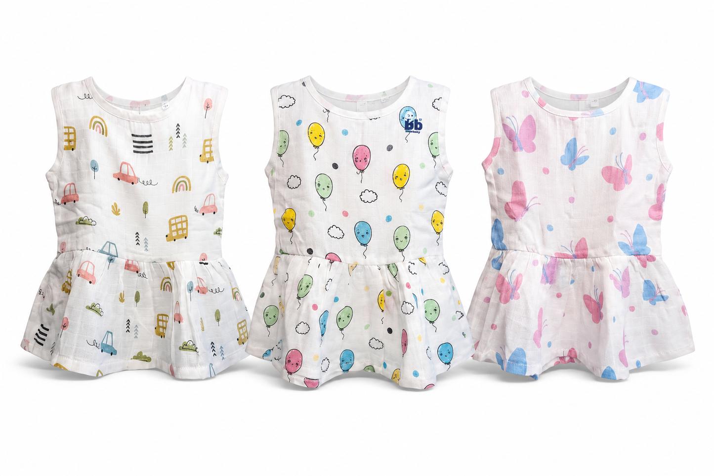 Baby summer frock combo pack of 3 for 6M-12M babies with assorted pastel balloon prints