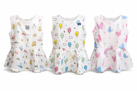 Baby summer frock combo pack of 3 for 6M-12M babies with assorted pastel balloon prints