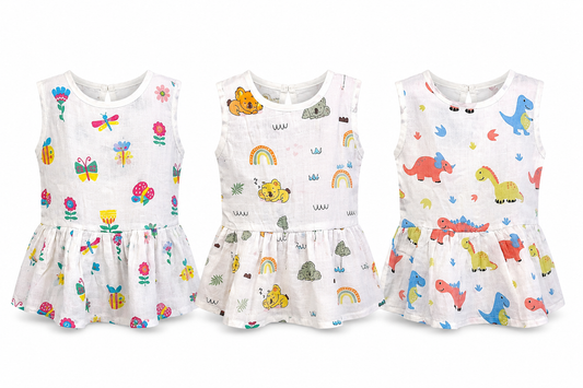 Soft muslin baby frock combo pack of 3 for 6M-12M babies with assorted cute prints