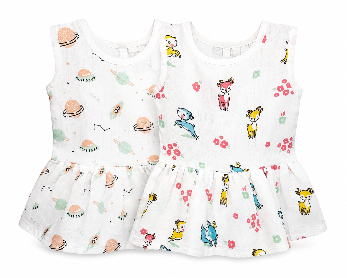 Soft muslin baby frock combo pack of 2 for 3M-6M babies with assorted balloon prints