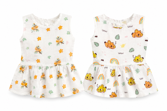 Premium baby dress combo pack of 2 for 3M-6M babies with assorted playful prints