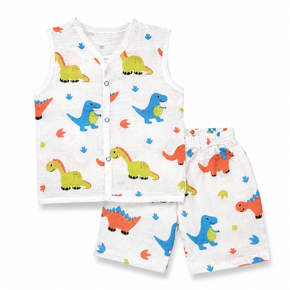 Sleeveless muslin baby cord set with rhino print soft cotton vest and shorts for 9M-12M babies