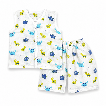 Soft muslin baby cord set with star print sleeveless vest and shorts for 9M-12M babies