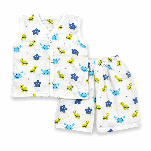 Soft muslin baby cord set with star print sleeveless vest and shorts for 9M-12M babies