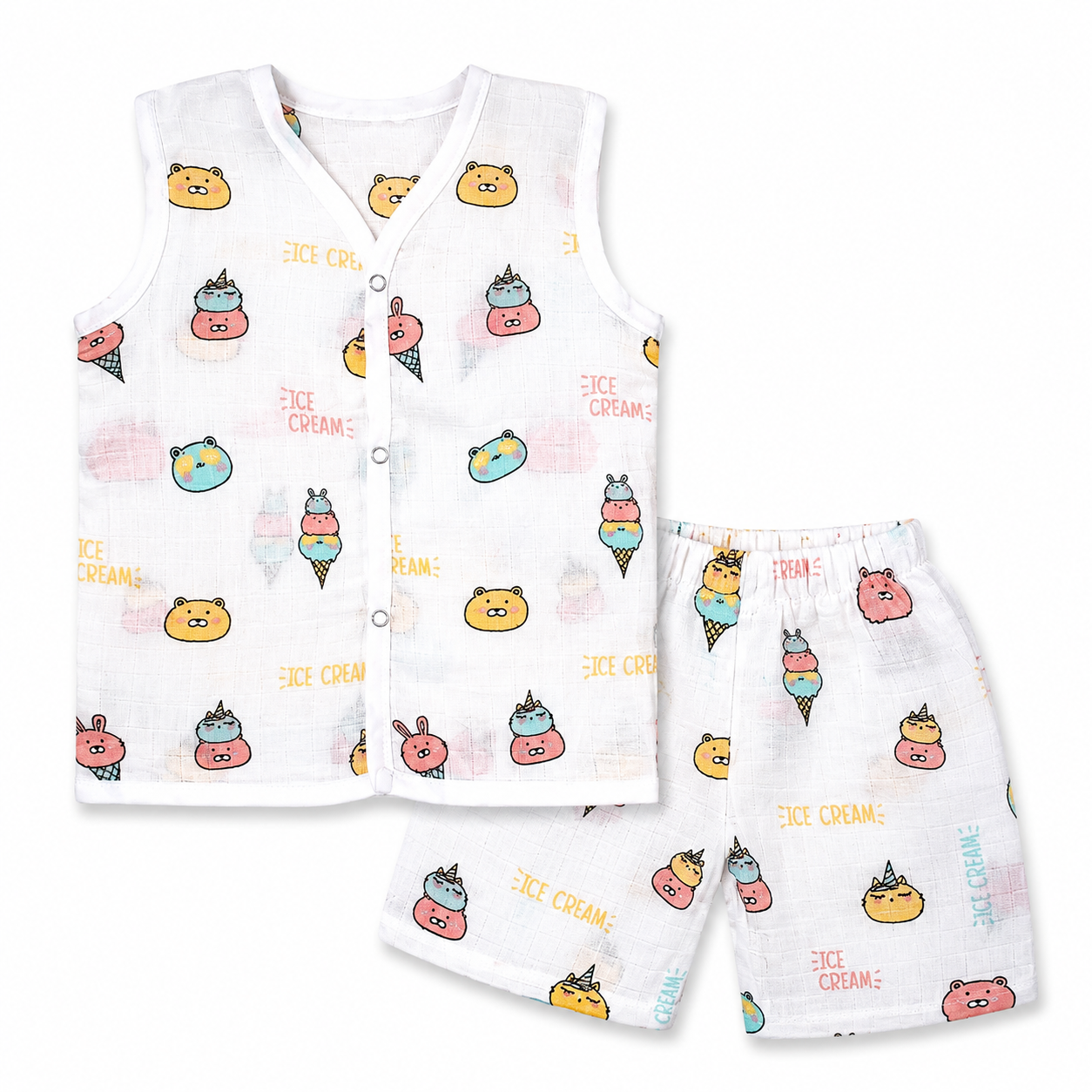 Cream print muslin baby cord set with sleeveless cotton vest and shorts for 9M-12M babies