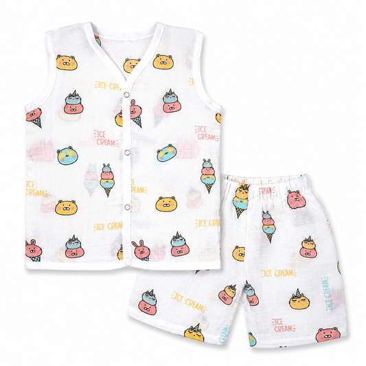 Cream print muslin baby cord set with sleeveless cotton vest and shorts for 9M-12M babies