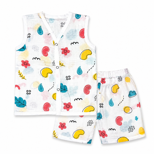 Shape print sleeveless muslin baby set with soft cotton vest and shorts for 9M-12M babies