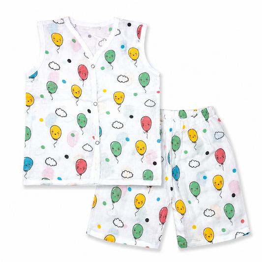 Balloon print muslin baby outfit with sleeveless vest and shorts for 9M-12M babies