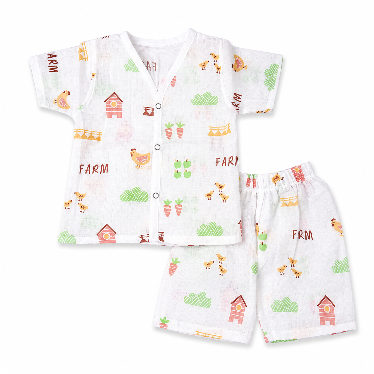 Baby muslin nightwear set 6M-9M with farm print, breathable cotton half sleeve cordset and soft baby pajama set