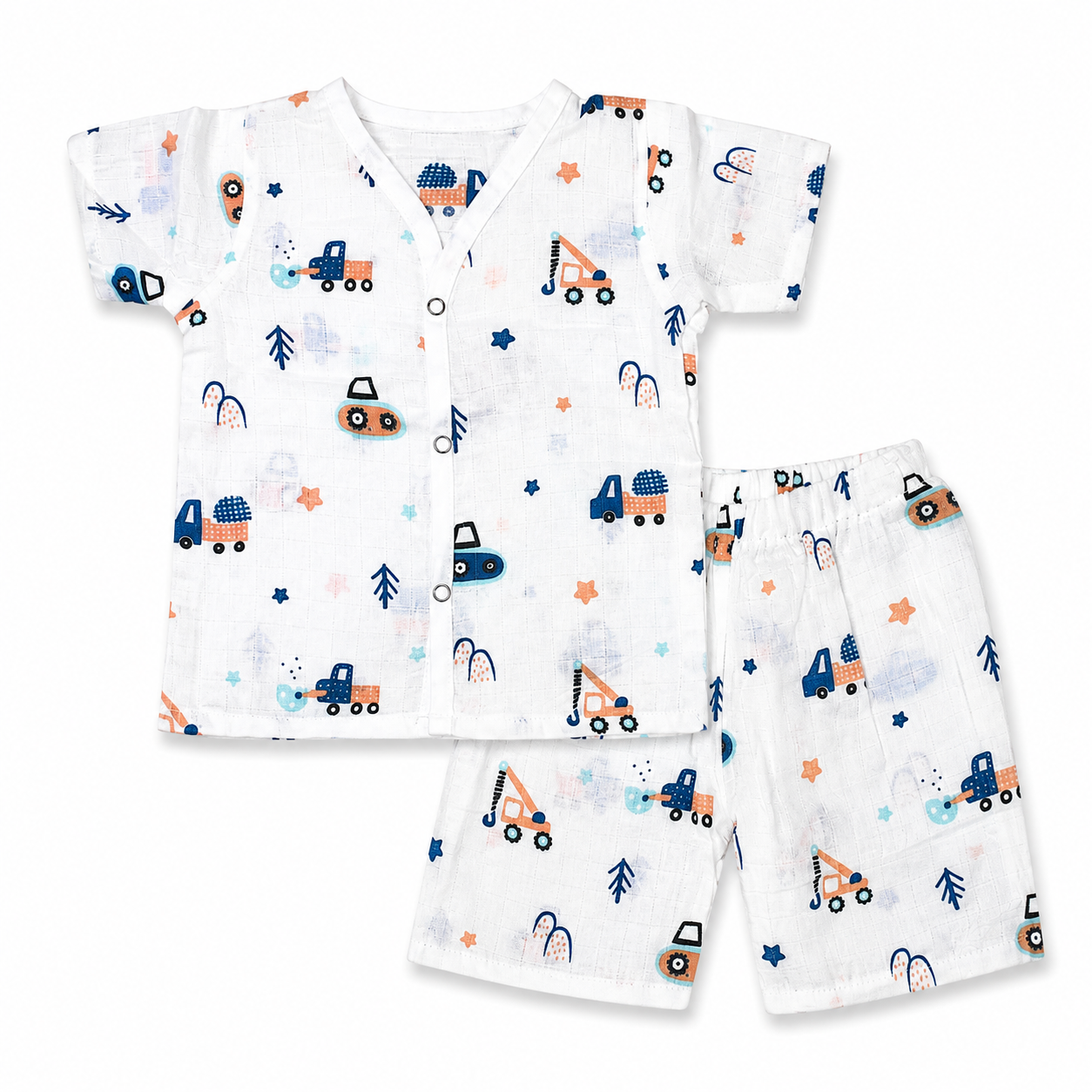 Soft muslin baby cordset 6M-9M with truck print, breathable cotton baby nightwear and half sleeve pajama set