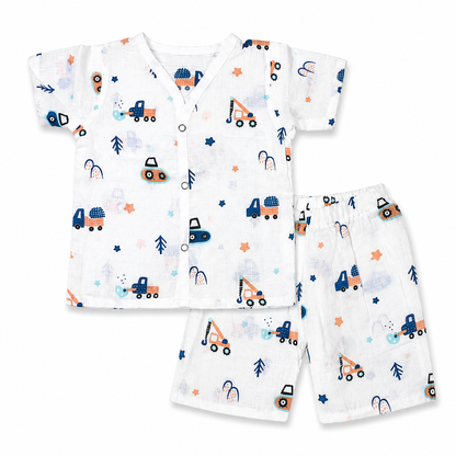 Soft muslin baby cordset 6M-9M with truck print, breathable cotton baby nightwear and half sleeve pajama set