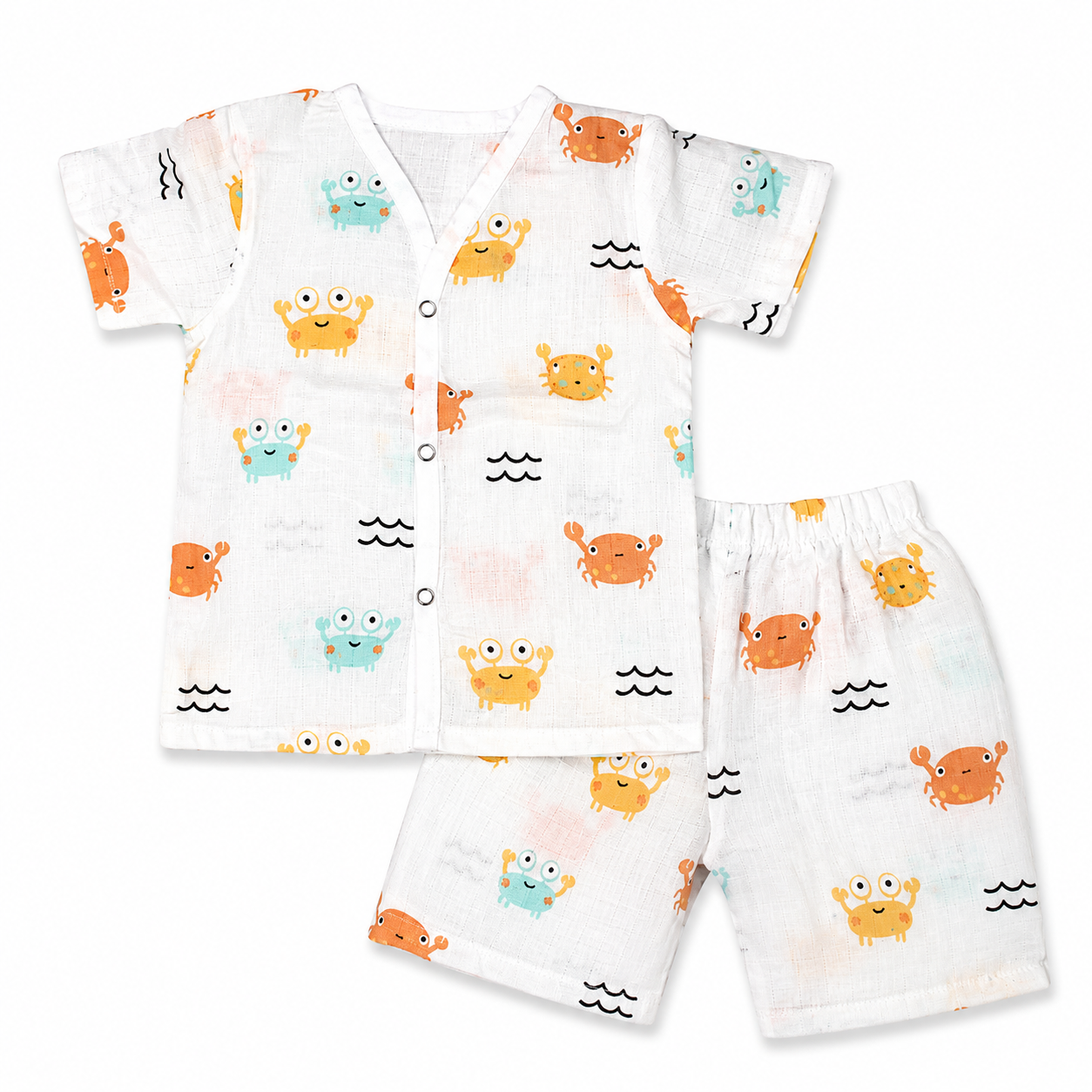 Baby cotton pajama set 6M-9M with crab print, muslin baby nightwear and breathable half sleeve cordset